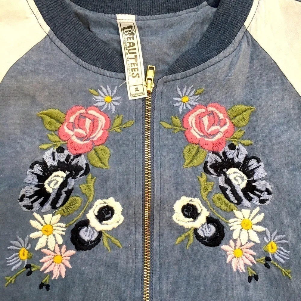 Beautees big girls Y2K embroidered flower blue long sleeve zip up bomber jacket